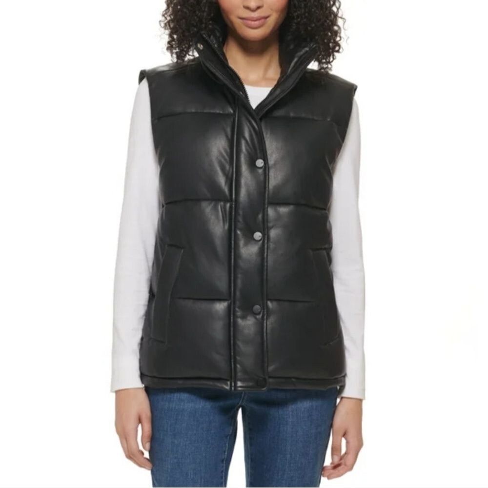 Marc New York Women's L Faux Leather Mock Neck Zip Puffer Vest Pockets Black NWT - Picture 2 of 7